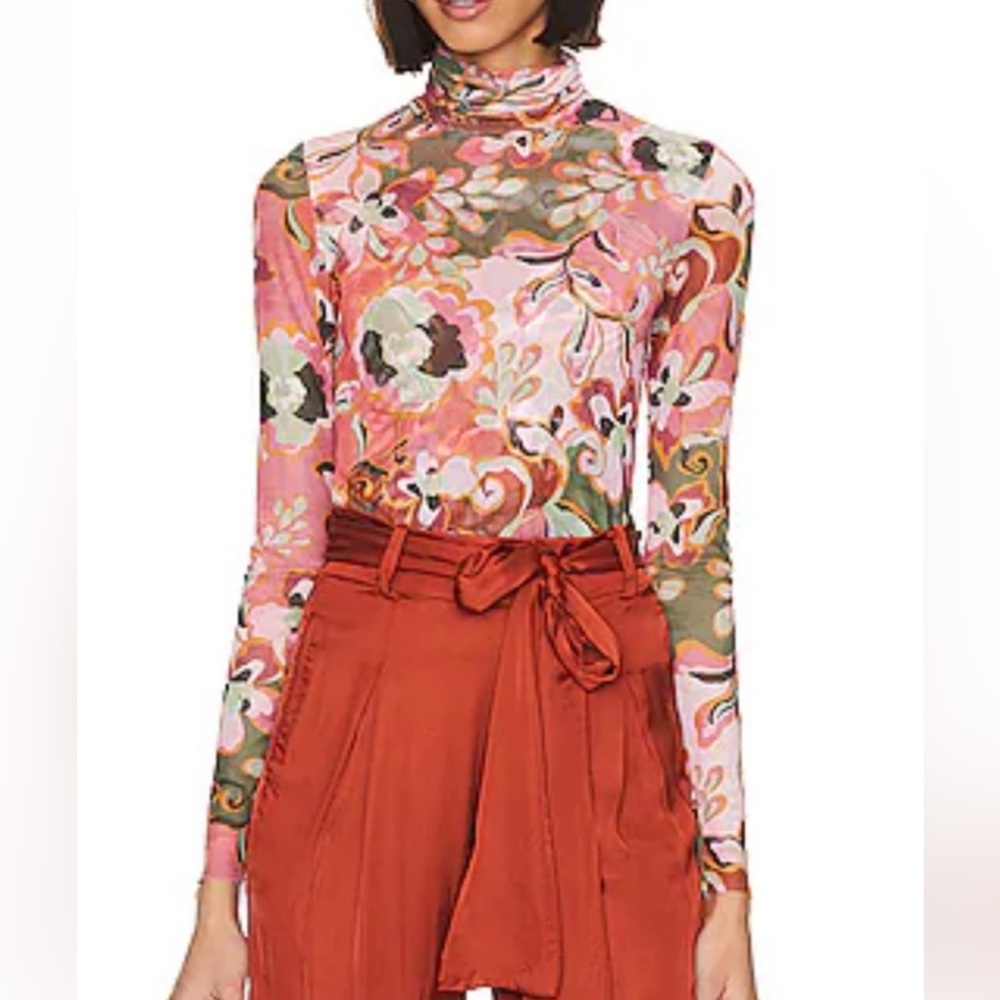 Misa Los Angeles Floral Print Turtleneck Mesh Blouse NWOT